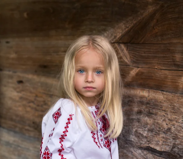 Замечательная маленькая белокурая девочка в украинском национальном костюме — стоковое фото