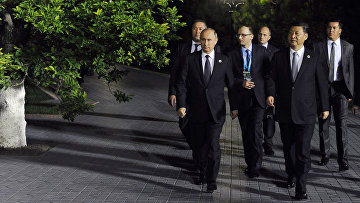 Президент РФ Владимир Путин и председатель КНР Си Цзиньпин во время встречи в Ташкенте. 23 июня 2016