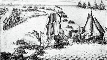 Репродукция гравюры Взятие в плен двух шведских судов в устье Невы 7 мая 1703 года работы А.Зубова с рисунка П.Пикара