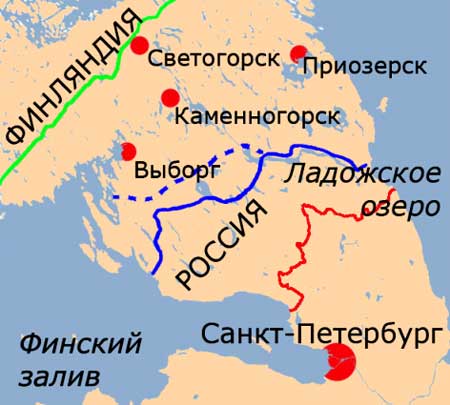 Красная линия – старая граница между СССР и Финляндией. Синяя линия – "Линия Маннергейма". Зеленая линия – новая граница по мирному договору.