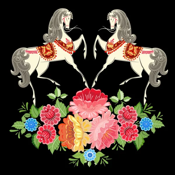 Волшебные лошади в цветах — стоковый вектор