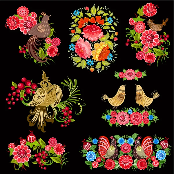 Набор птиц на цветы в русском стиле — стоковый вектор