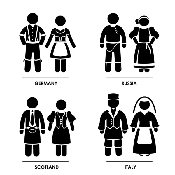 Европа - Германия Россия Шотландия женщина человека Италии национальное традиционное платье костюма, одевающее символ символа, подписывает пиктограмму — стоковый вектор