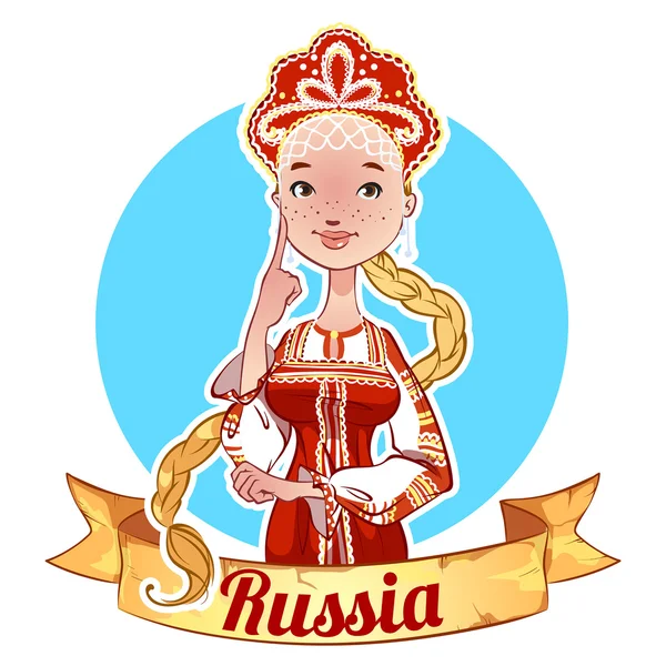Девочка с длинным шнурком в российской национальной одежде — стоковый вектор