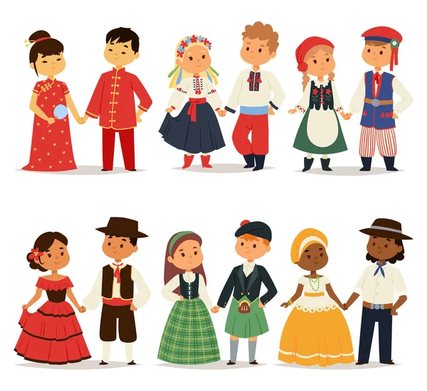 Традиционные детские пары символов мире платье девочек и мальчиков в различных национальных костюмов и мило мало детей национальности платье векторные иллюстрации — стоковый вектор