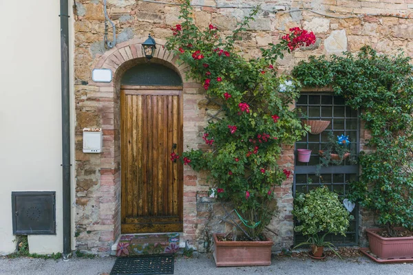Городские Сцены Здания Деревянной Дверью Зеленые Растения Цветами Тоскана Италия — стоковое фото