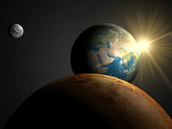 Земля с солнца, Луны и Венеры — стоковое фото
