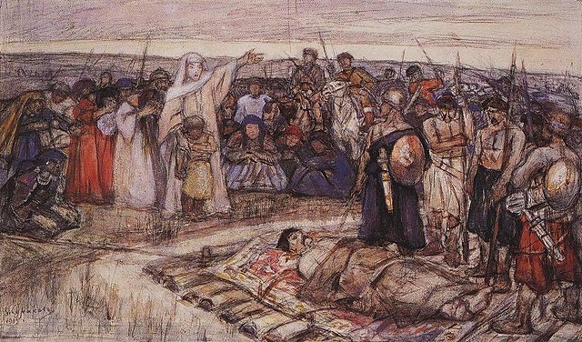 Княгиня Ольга встречает тело князя Игоря. В. Суриков, 1915